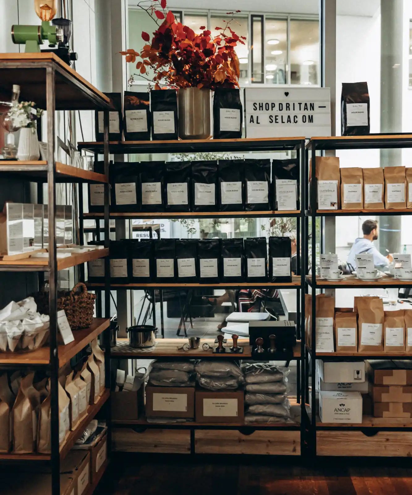 Shelves stocked with packaged goods.